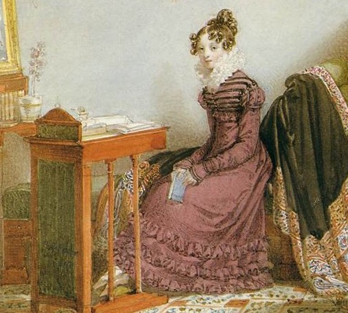 Painting of a woman seated at a writing desk, writing by hand
